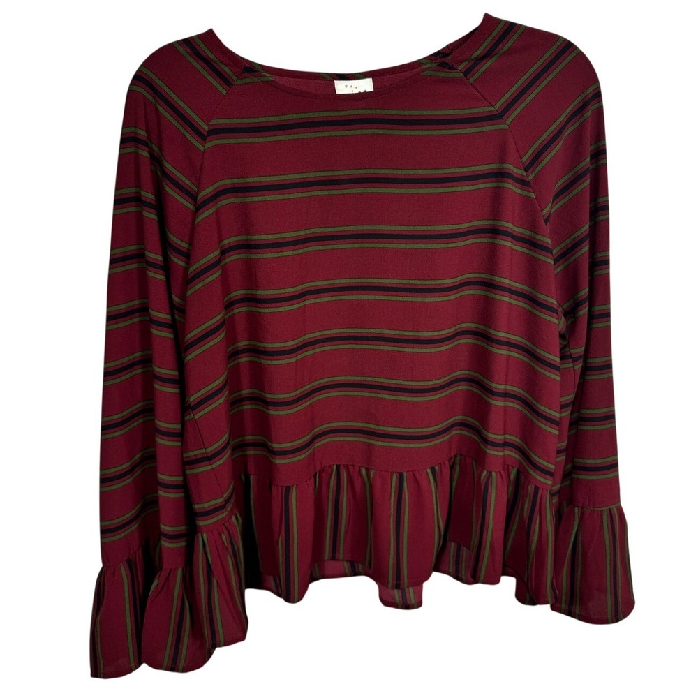 Pink Owl Apparel‎ Striped Peplum Ruffle Sleeve Top Women's Medium Burgundy Olive